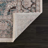 Close-up of the Baychester Area Rug showing its traditional oriental pattern in cream, denim, and brown hues. Fold