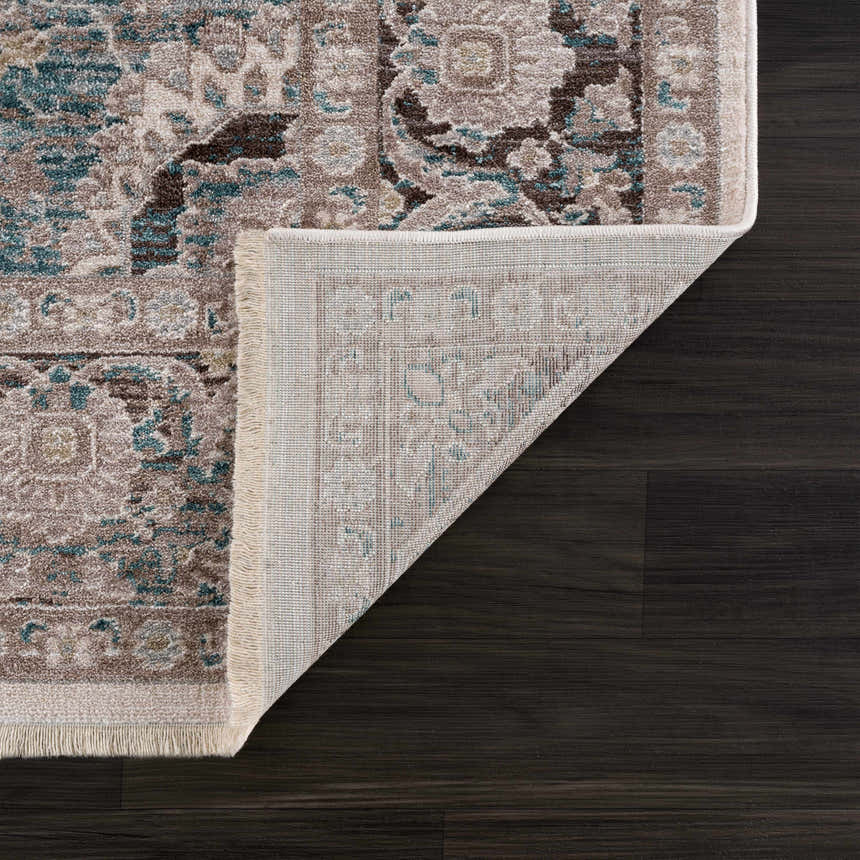 Close-up of the Baychester Area Rug showing its traditional oriental pattern in cream, denim, and brown hues. Fold