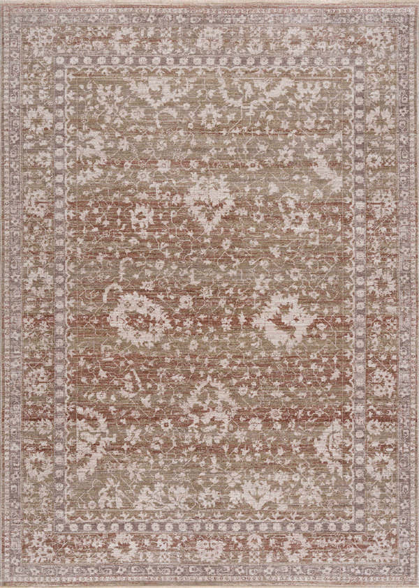 Close-up of the Kaongkod Area Rug. Traditional floral pattern in dusty pink, ivory, medium brown, and sage. Machine woven polyester. Design-Rectangle-5376