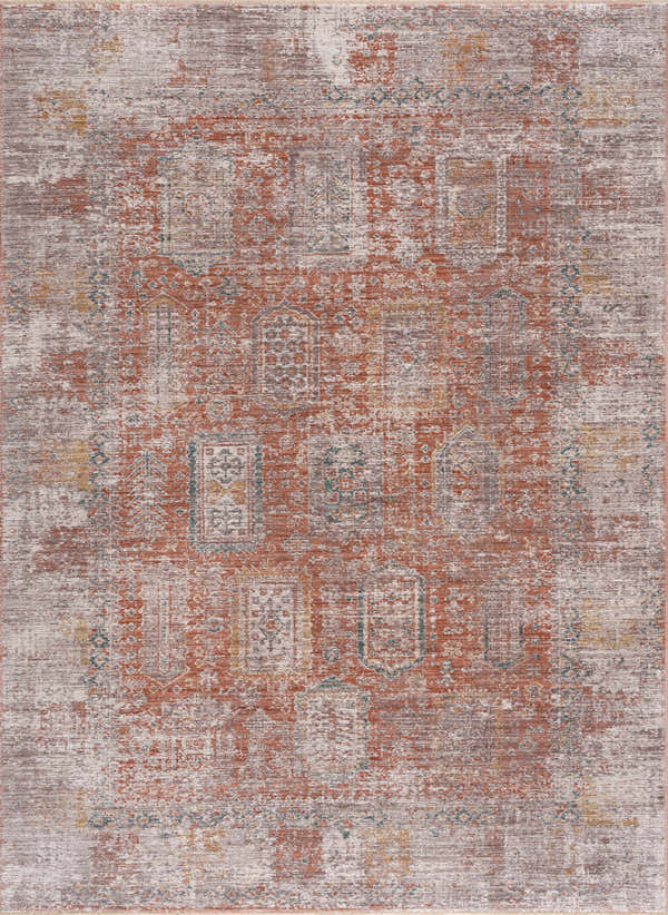 Close-up of the Casta Area Rug. Farmhouse style rug in beachhouse, garnet, and dark beige colors with a traditional pattern. Design-Rectangle-5376