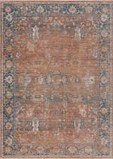 Close-up of the Mele Area Rug. Traditional design in burnt orange, bone, and dark brown with floral accents. Design-Rectangle-5376