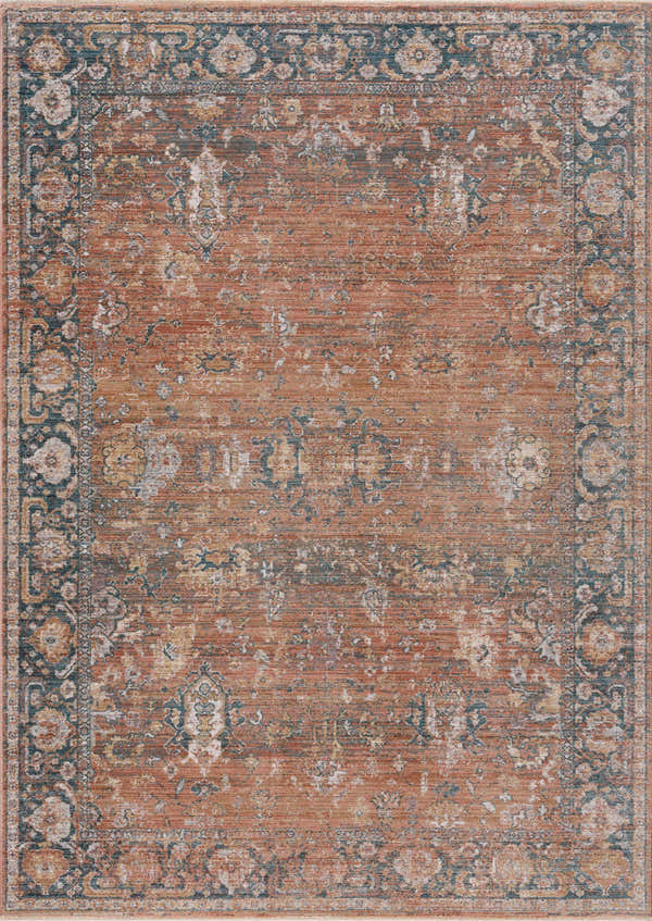 Close-up of the Mele Area Rug. Traditional design in burnt orange, bone, and dark brown with floral accents. Design-Rectangle-5376