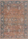 Close-up of the Mele Area Rug. Traditional design in burnt orange, bone, and dark brown with floral accents. Design-Rectangle-5376