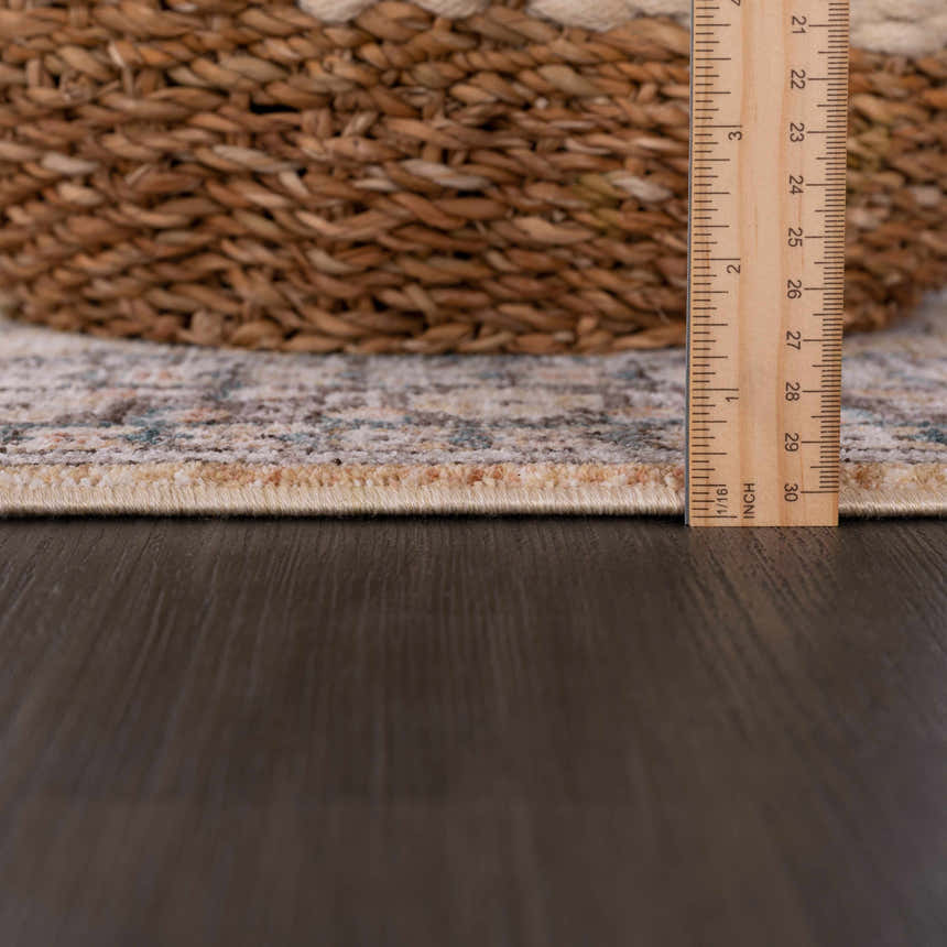 Close up of Darla Area Rug showing pile height with ruler and basket. Bone, clay, and gray tones. Pile