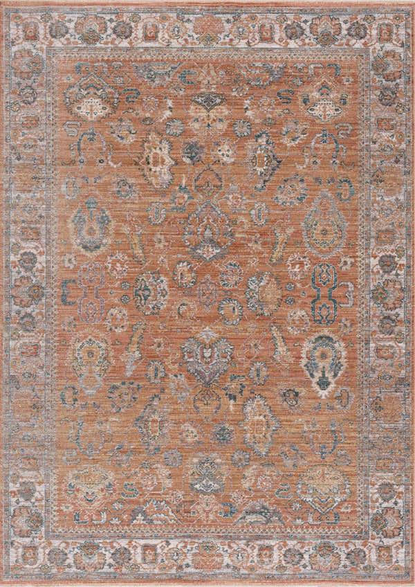 Detailed Cayla Area Rug in bone, clay, garnet, and taupe. Traditional floral pattern with a distressed, vintage look. Design-Rectangle-5376