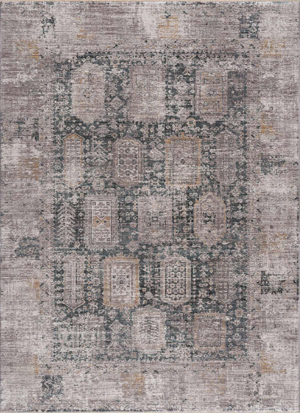 Close-up of the Elsu Area Rug, a traditional design in dark brown, gray, and taupe hues with a distressed look. Design-Rectangle-5376