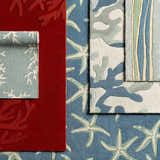 Close-up of Carversville Ice Blue Botanical Wool Rug showing botanical, starfish, and striped patterns in blue, ivory, and red. Styleshot