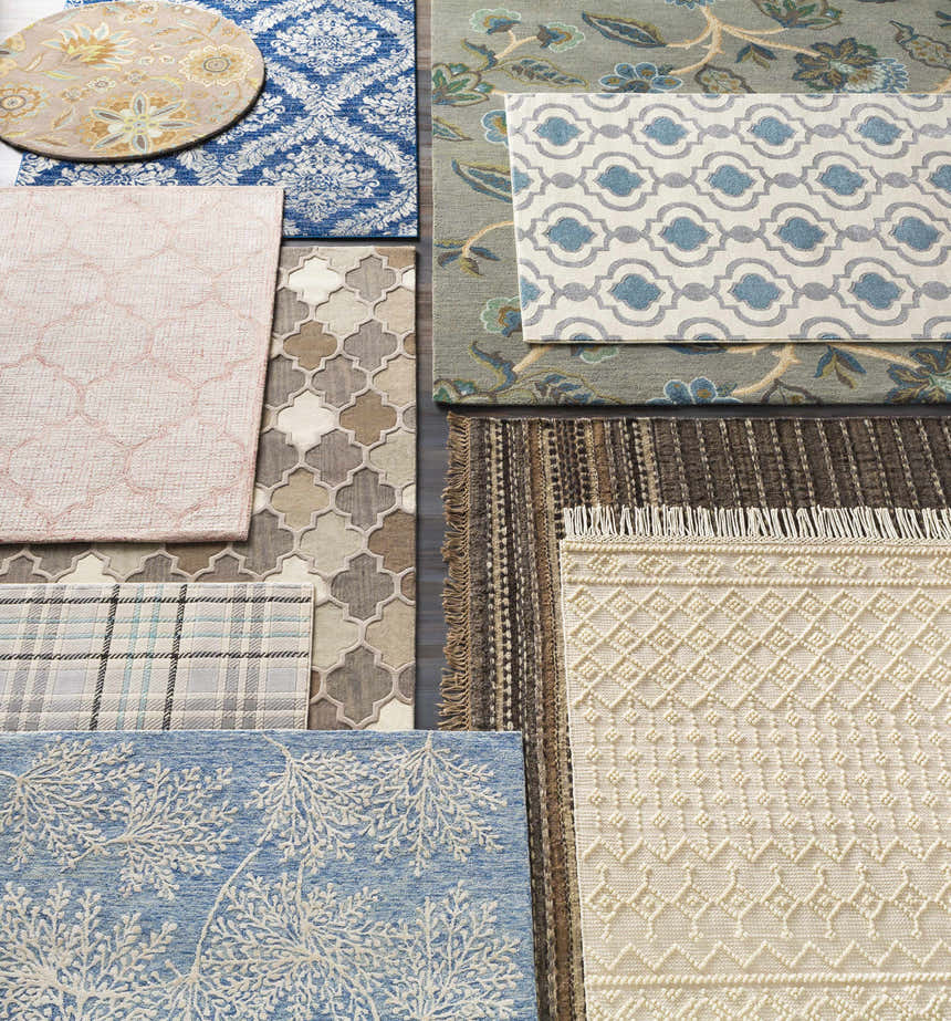 Variety of textures and patterns in Denio Area Rug - Clearance collection, including floral, trellis, and geometric designs. Styleshot
