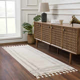Entryway with Ryuu Ivory & Gray Area Rug runner, wood console table, lamp, and plant. Modern, neutral decor. Roomscene-Runner