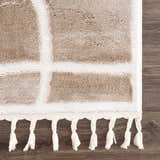 Close-up of the Azana Cream Area Rug showing its geometric pattern, cream and tan colors, and braided tassel fringe. Swatch