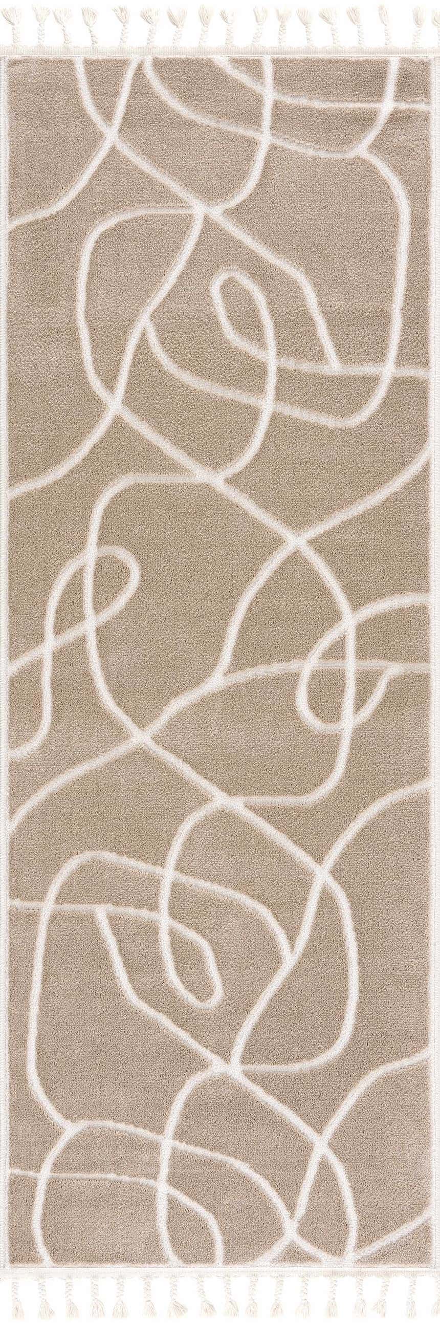 Close-up of the Azana Cream Area Rug. Cream rug with an abstract white geometric design and tassels. Design-Runner