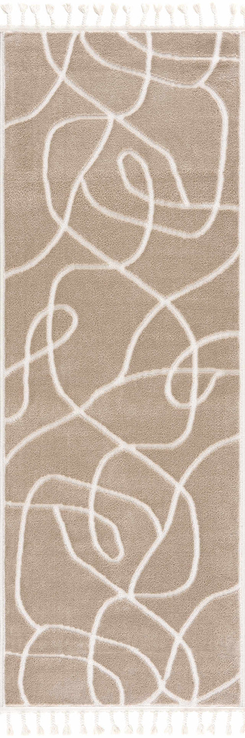 Close-up of the Azana Cream Area Rug. Cream rug with an abstract white geometric design and tassels. Design-Runner