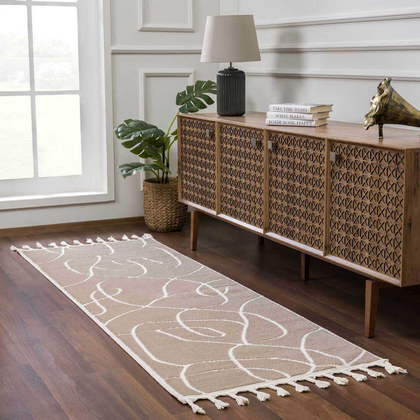 Living room scene with Azana Cream Area Rug runner, wood floors, and mid-century modern cabinet. Roomscene-Runner