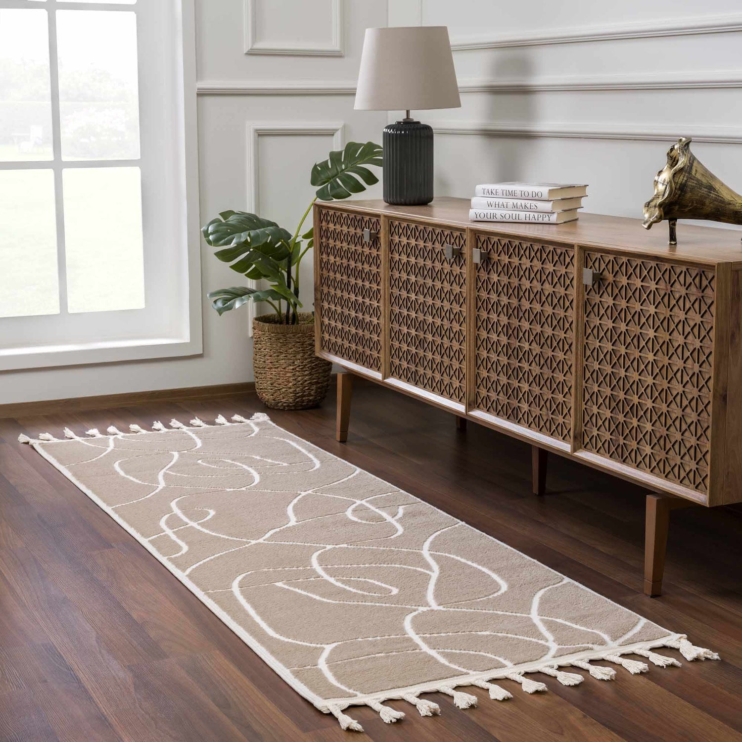 Living room scene with Azana Cream Area Rug runner, wood floors, and mid-century modern cabinet. Roomscene-Runner
