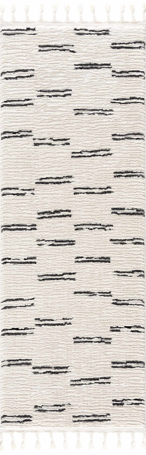Riad Black Striped White Rug with Tassels
