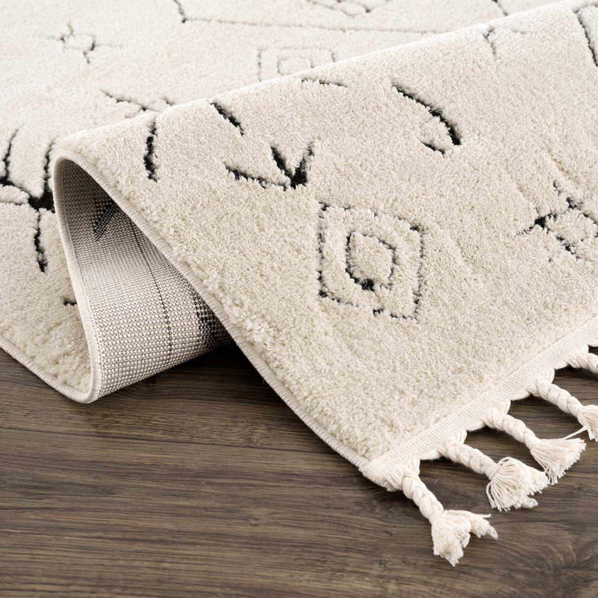 Close-up of the Thian Tribal Area Rug in beige with black geometric designs and braided tassels. Fold