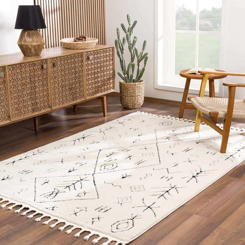 Living room scene with a beige Thian Tribal Area Rug, wooden cabinet, chair, and cactus. Farmhouse style. Roomscene-Rectangle