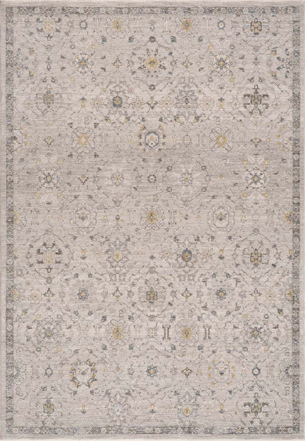Close-up of the Annie Cream Textured Rug. Machine-woven cotton and polyester rug with a traditional floral pattern. Design-Rectangle-575