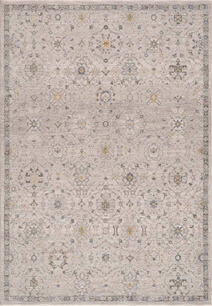 Close-up of the Annie Cream Textured Rug. Machine-woven cotton and polyester rug with a traditional floral pattern. Design-Rectangle-575