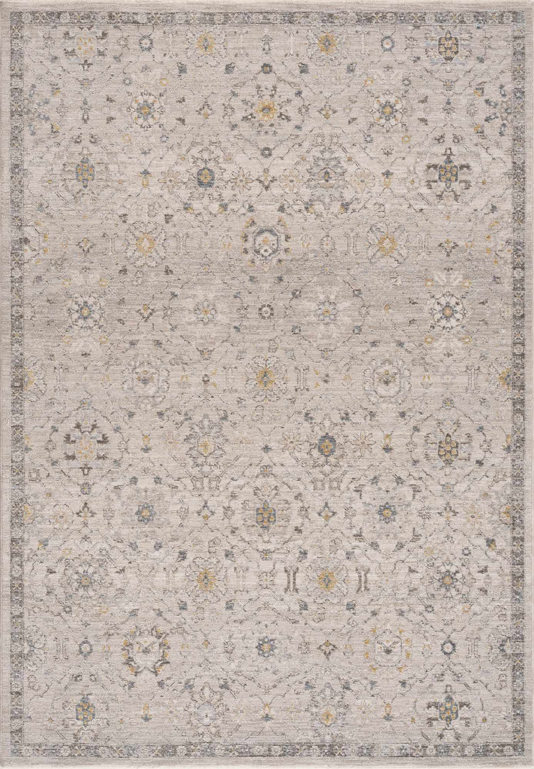 Close-up of the Annie Cream Textured Rug. Machine-woven cotton and polyester rug with a traditional floral pattern. Design-Rectangle-575