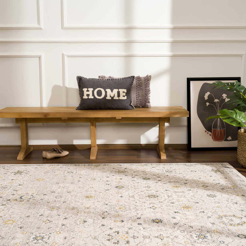Entryway with Annie Cream Textured Rug, wood bench, pillows, and art. Farmhouse style. Roomscene-Rectangle