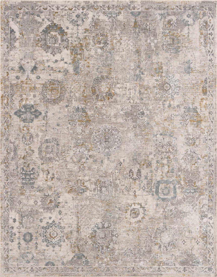 Close-up of the Alroy Textured Rug. Machine-woven polyester rug in gray, brown, and nutmeg with a traditional, distressed design. Design-Rectangle-575