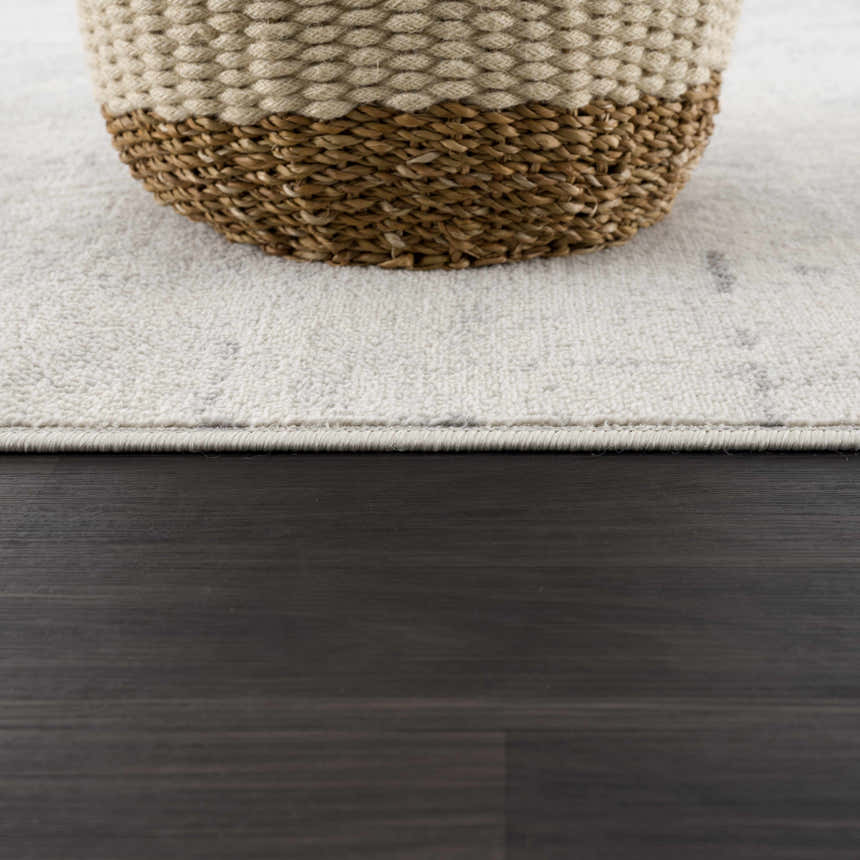 Close-up of the Tigrima Ivory 2319 area rug showing its subtle pattern and texture next to a woven basket. Styleshot