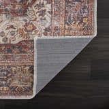 Close up of the Rust Elki Vintage Medallion Washable Area Rug showing its rust, blue, and off-white Persian-style pattern. Fold