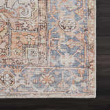 Close up of the Eira Distressed Washable Rug showing the Persian-style pattern in charcoal, light blue, orange, and off-white. Swatch