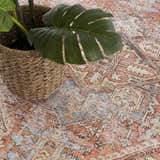 Close-up of the Eira Distressed Washable Rug showing its Persian-style pattern and colors: charcoal, light blue, off white, and orange. Styleshot