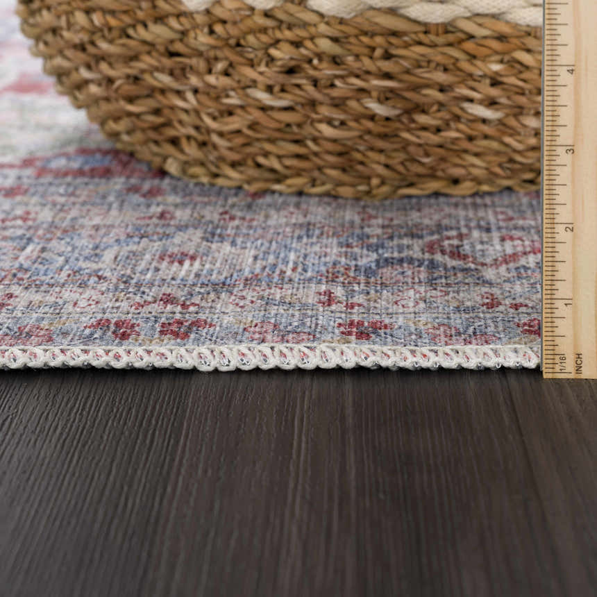 Close-up of Rust Goma Vintage Area Rug showing blush, brick red, and blue pattern with decorative edge on dark wood floor. Pile