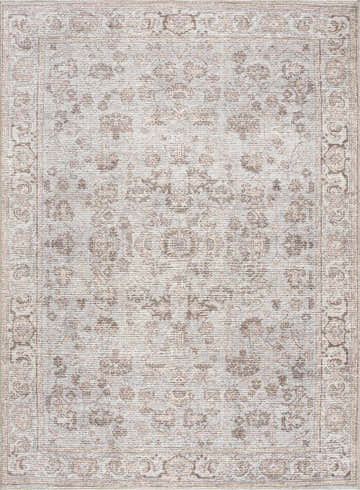 Close-up of the Niran Area Rug, a traditional vintage style rug with floral patterns in gray and brown tones. Design-Rectangle-537