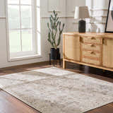 Living room scene with a vintage-style Niran Area Rug, wood cabinet, and cactus. Neutral tones. Roomscene-Rectangle