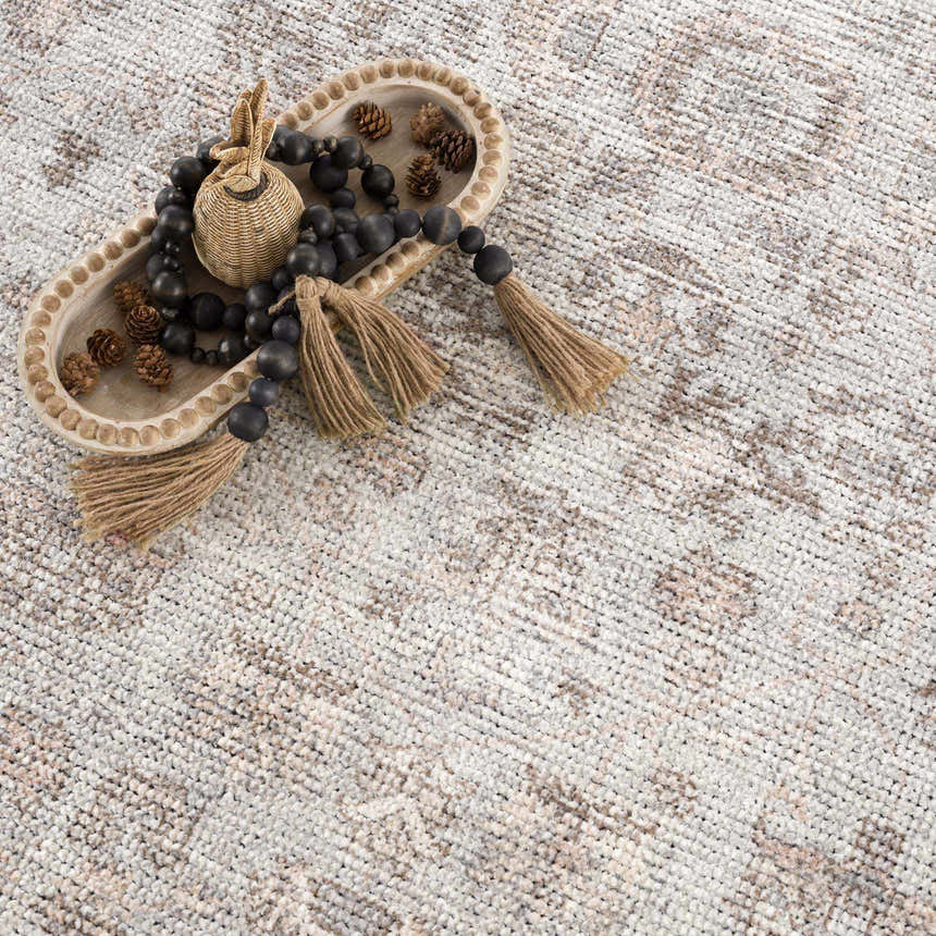 Close-up of the Niran Area Rug showing its vintage traditional pattern in neutral ivory and brown tones. Styleshot