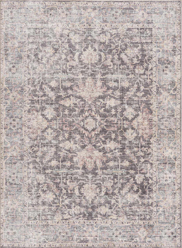 Close-up of the Nyota Area Rug. Traditional vintage style with gray, beige, and subtle floral patterns. Design-Rectangle-537