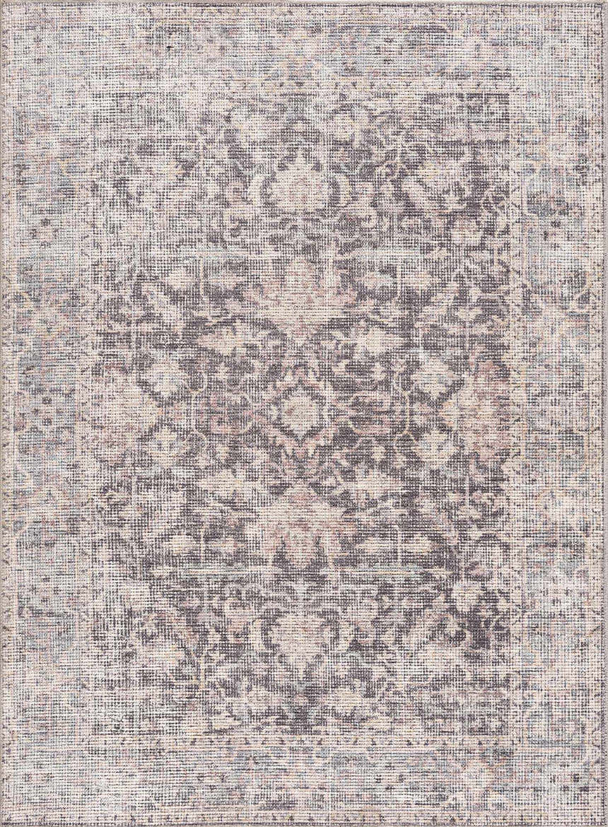Close-up of the Nyota Area Rug. Traditional vintage style with gray, beige, and subtle floral patterns. Design-Rectangle-537
