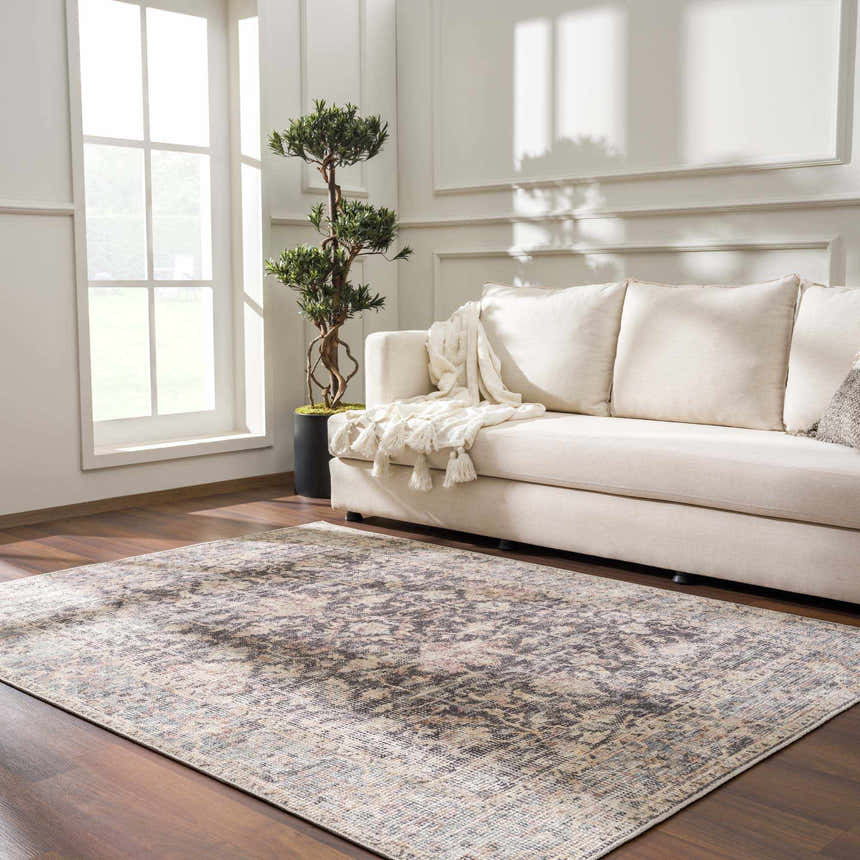 Living room scene with a vintage Nyota Area Rug, beige sofa, wood floors, and natural light. Roomscene-Rectangle