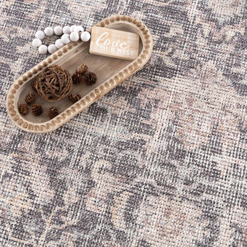 Close-up of the Nyota Area Rug showing its traditional vintage pattern and soft gray, beige, and mauve colors. Styleshot