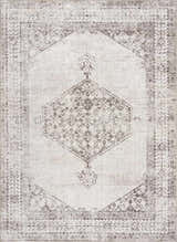 Close-up of the Mortye Cream & Brown Medallion Area Rug, featuring a traditional vintage design and soft neutral colors. Design-Rectangle-537