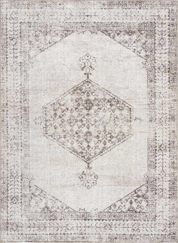 Close-up of the Mortye Cream & Brown Medallion Area Rug, featuring a traditional vintage design and soft neutral colors. Design-Rectangle-537