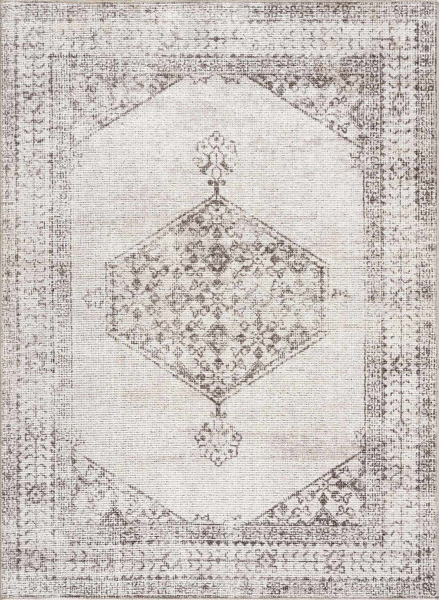 Close-up of the Mortye Cream & Brown Medallion Area Rug, featuring a traditional vintage design and soft neutral colors. Design-Rectangle-537