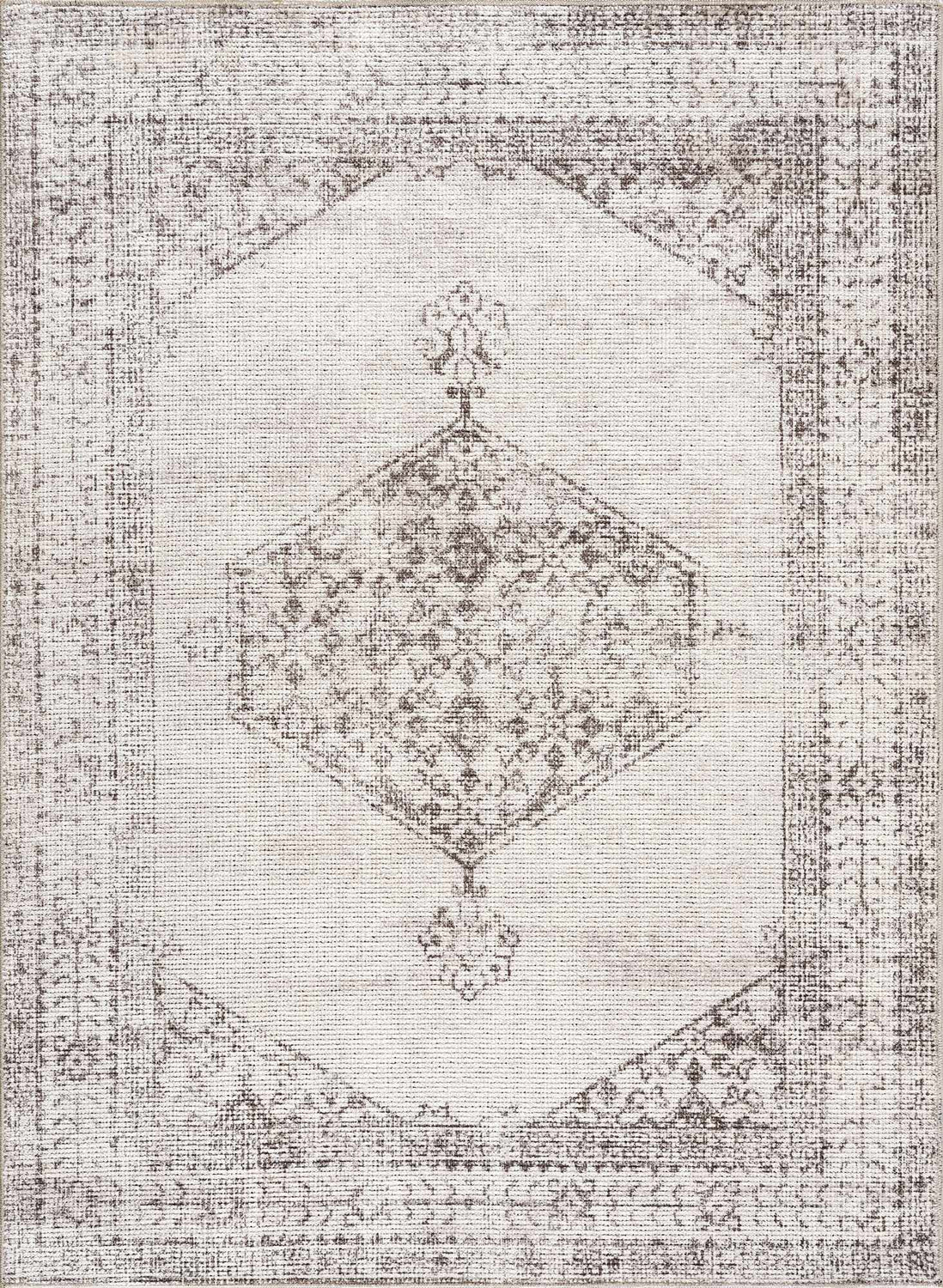 Close-up of the Mortye Cream & Brown Medallion Area Rug, featuring a traditional vintage design and soft neutral colors. Design-Rectangle-537