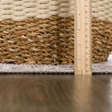 Close-up of the Mortye Cream & Brown Medallion Area Rug edge and pile height, with a ruler for scale. Pile