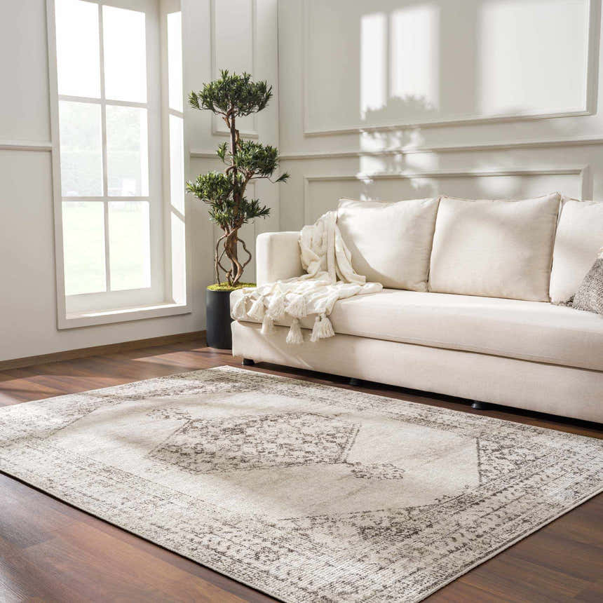 Living room scene with a Mortye Cream & Brown Medallion Area Rug, cream sofa, wood floors, and natural light. Roomscene-Rectangle