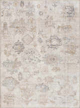 Close-up of the Melor Area Rug. Traditional vintage style with neutral beige, gold, and gray floral pattern. Machine woven texture. Design-Rectangle-537