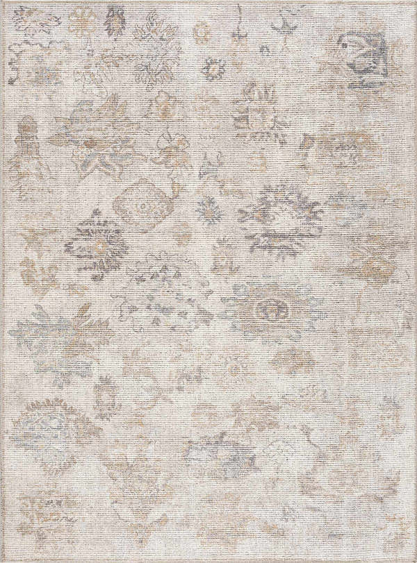 Close-up of the Melor Area Rug. Traditional vintage style with neutral beige, gold, and gray floral pattern. Machine woven texture. Design-Rectangle-537