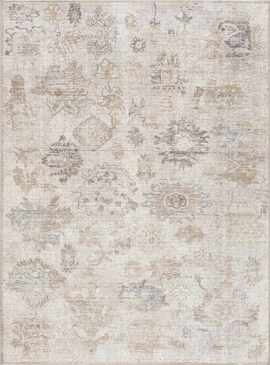 Close-up of the Melor Area Rug. Traditional vintage style with neutral beige, gold, and gray floral pattern. Machine woven texture. Design-Rectangle-537