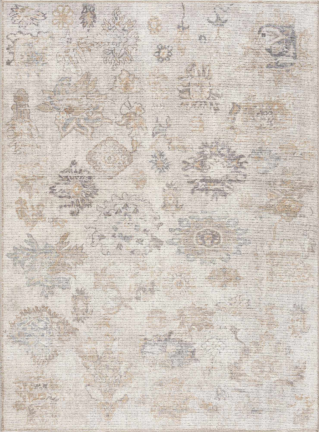 Close-up of the Melor Area Rug. Traditional vintage style with neutral beige, gold, and gray floral pattern. Machine woven texture. Design-Rectangle-537