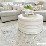 Living room scene with gray sofa and Davina Damask Sage rug. Beige, gray, and brown tones create a farmhouse style. Roomscene-Rectangle