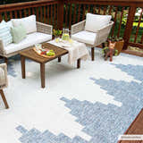 Outdoor deck scene with a Djugun Blue rug, wicker furniture, wood table, and casual entertaining setup. Roomscene-Rectangle